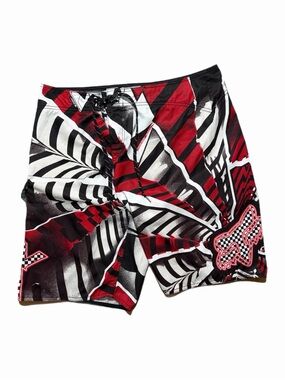 Fox Racing Board Shorts Mens 38 Red Black Checkered Graphic Surf Swim Trunks